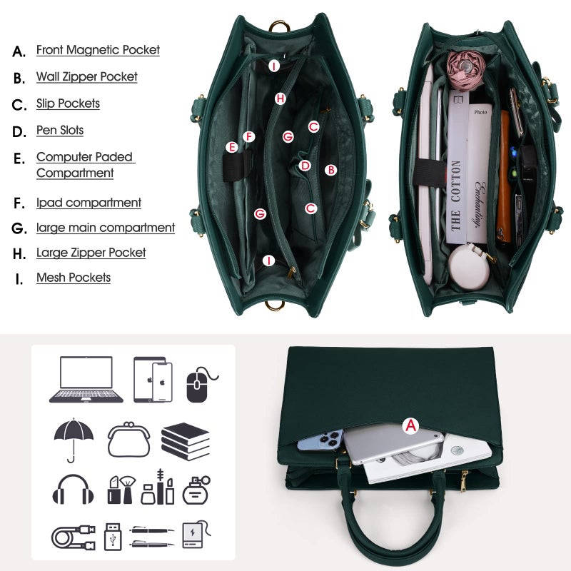 RAINSMORE Laptop Bag for Women 15.6 Inch PU Tote Bag Business Work Bag Waterproof Briefcase Computer Tote Lightweight Handbag Shoulder, Dark Green - Image 5