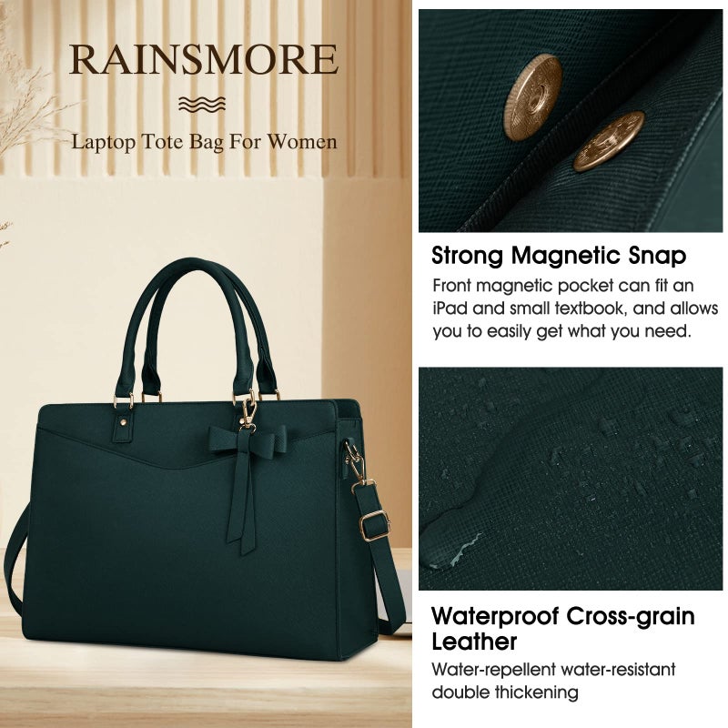 RAINSMORE Laptop Bag for Women 15.6 Inch PU Tote Bag Business Work Bag Waterproof Briefcase Computer Tote Lightweight Handbag Shoulder, Dark Green - Image 3