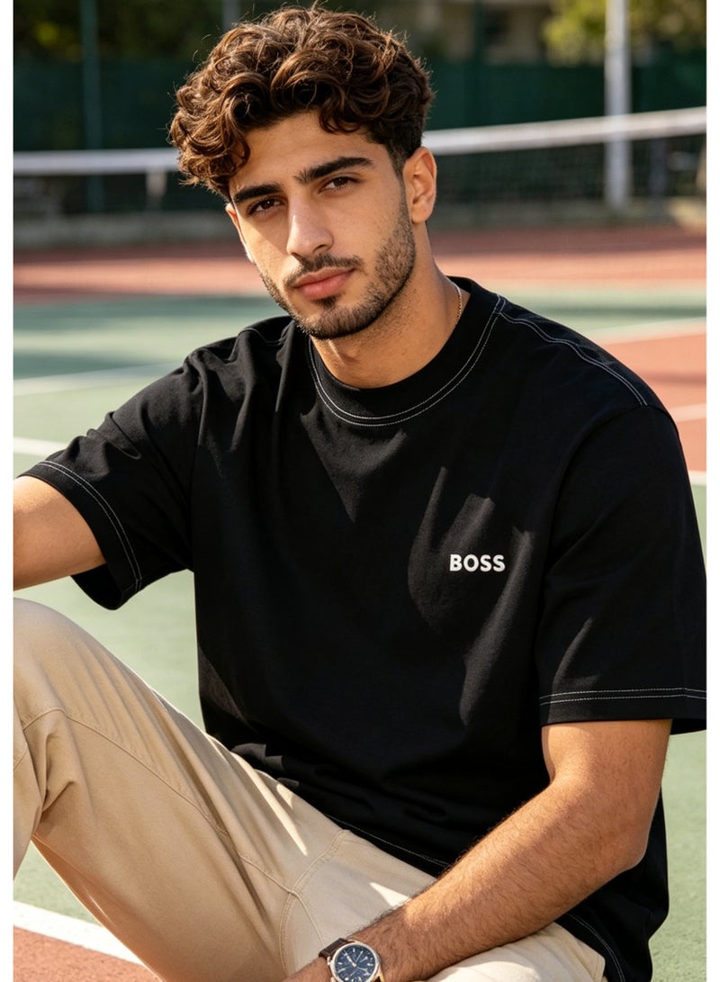 BOSS Men's Crew Neck Short Sleeve T-Shirt, Contrast Stitch on Neck & Cuffs, Premium Cotton, Chest Printed Logo, Black - Image 4
