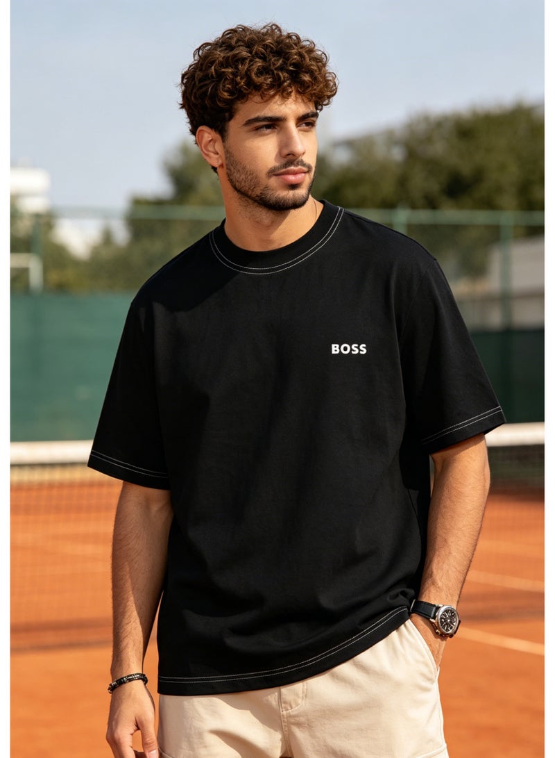 BOSS Men's Crew Neck Short Sleeve T-Shirt, Contrast Stitch on Neck & Cuffs, Premium Cotton, Chest Printed Logo, Black - Image 5