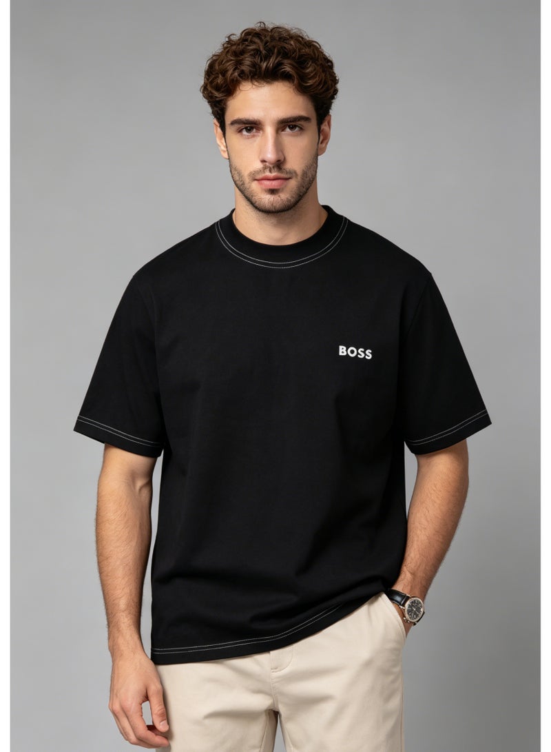 BOSS Men's Crew Neck Short Sleeve T-Shirt, Contrast Stitch on Neck & Cuffs, Premium Cotton, Chest Printed Logo, Black - Image 2