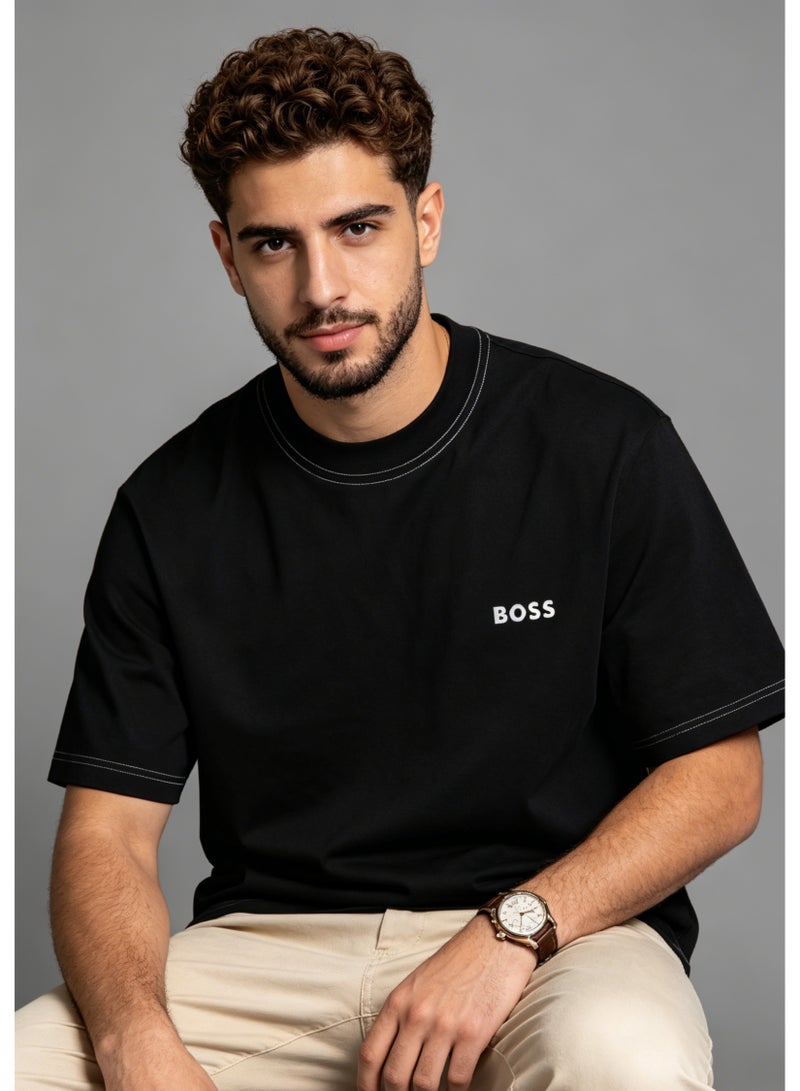 BOSS Men's Crew Neck Short Sleeve T-Shirt, Contrast Stitch on Neck & Cuffs, Premium Cotton, Chest Printed Logo, Black - Image 1