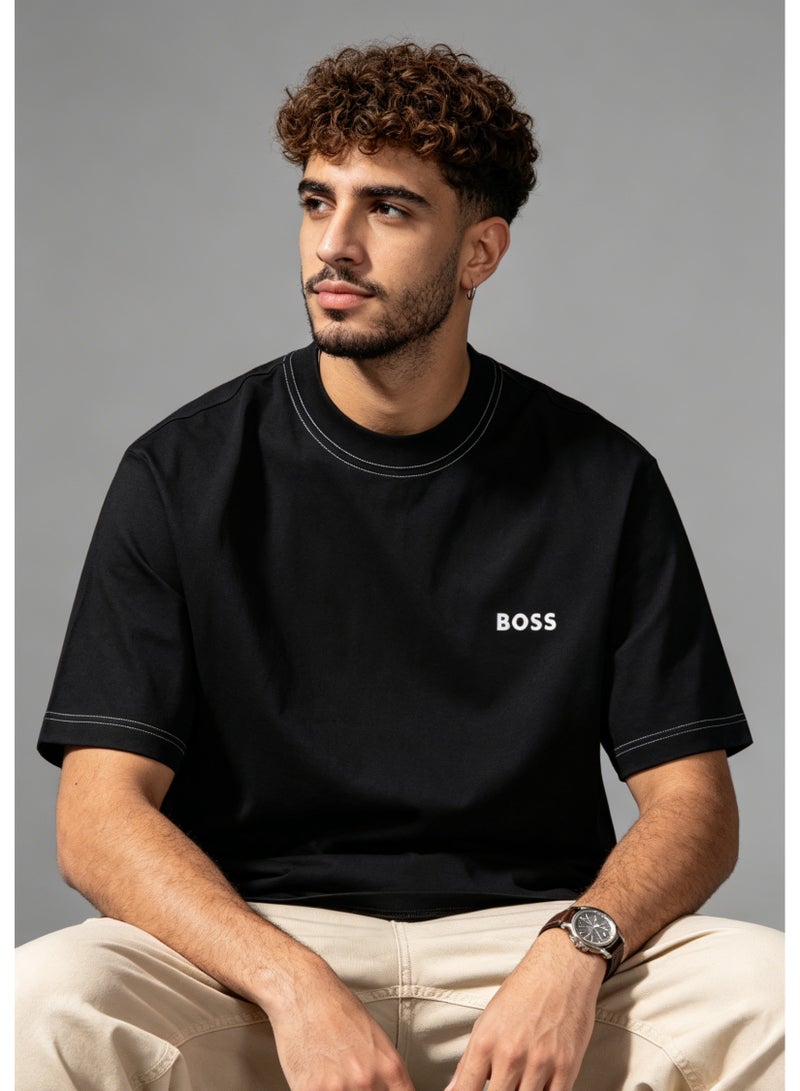 BOSS Men's Crew Neck Short Sleeve T-Shirt, Contrast Stitch on Neck & Cuffs, Premium Cotton, Chest Printed Logo, Black - Image 3