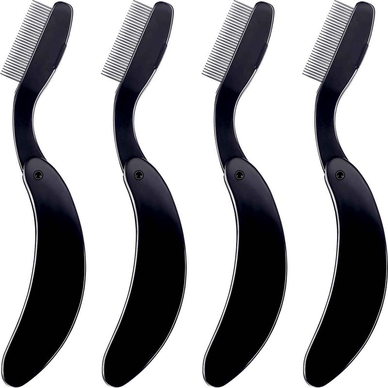 TecUnite 4 Packs Folding Eyelash Comb, Stainless Steel Teeth Eyebrow Comb Lash and Brow Makeup Brush (Black) - Image 1