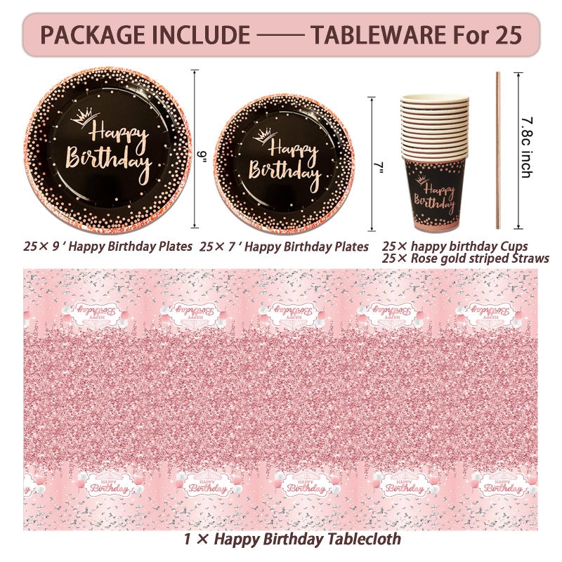 UJoyant Birthday Decorations For Women, 229 Pcs Rose Gold and Black Happy Birthday Supplies - Disposable Dinnerware Set with 25 Guest, Balloons, Sash, Tiara, Banner, Fringe Curtain, Photo Booth Props - Image 3