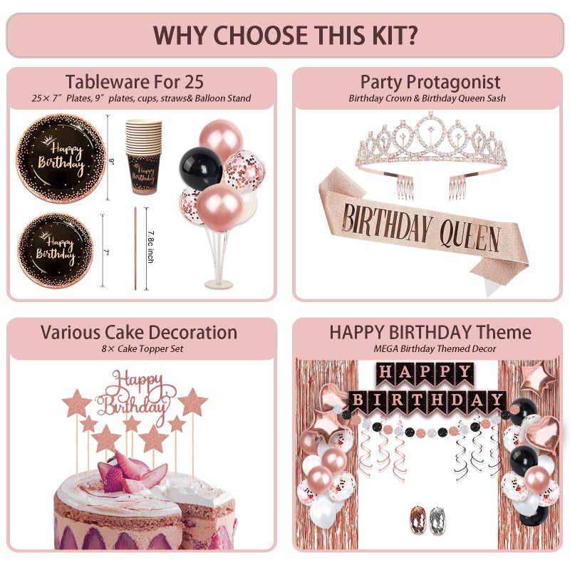 UJoyant Birthday Decorations For Women, 229 Pcs Rose Gold and Black Happy Birthday Supplies - Disposable Dinnerware Set with 25 Guest, Balloons, Sash, Tiara, Banner, Fringe Curtain, Photo Booth Props - Image 4