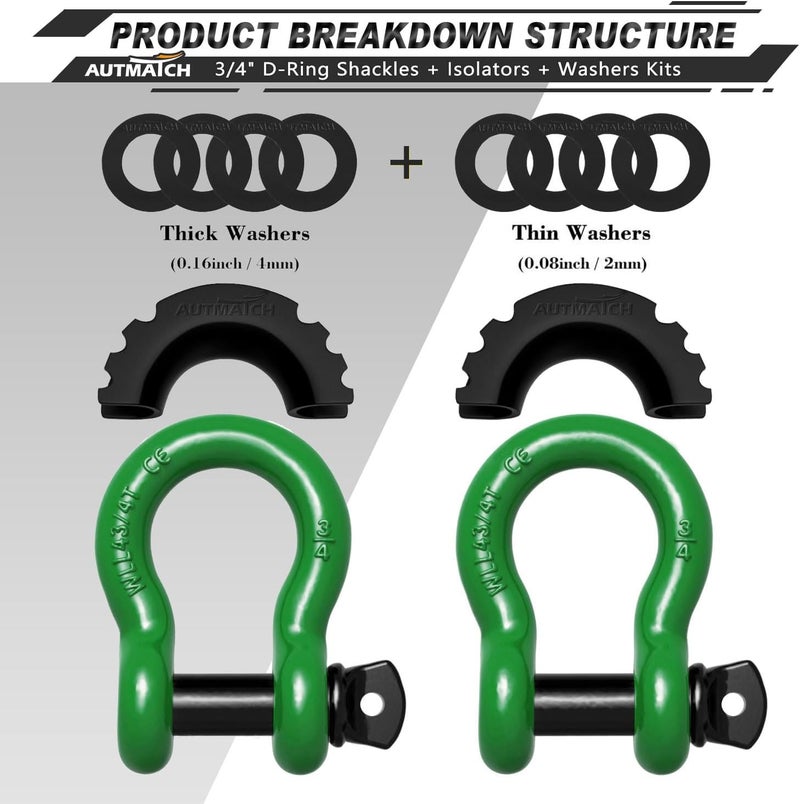 AUTMATCH 3/4" D Ring Shackles (2 Pack) 41,887Ibs Break Strength with 7/8" Screw Pin and Shackle Isolator Washers Kit for Tow Strap Winch Off Road Vehicle Recovery Dark Green & Black - Image 2