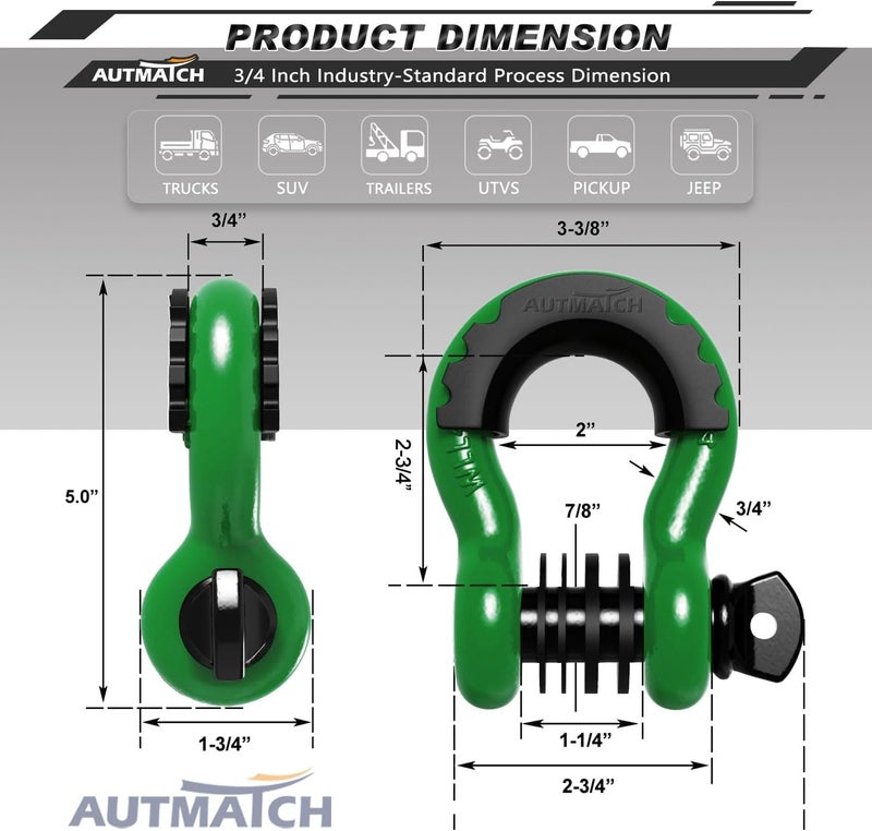 AUTMATCH 3/4" D Ring Shackles (2 Pack) 41,887Ibs Break Strength with 7/8" Screw Pin and Shackle Isolator Washers Kit for Tow Strap Winch Off Road Vehicle Recovery Dark Green & Black - Image 3