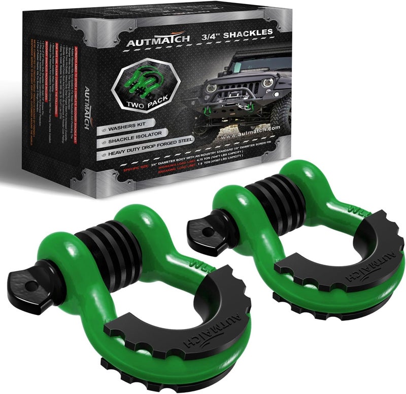 AUTMATCH 3/4" D Ring Shackles (2 Pack) 41,887Ibs Break Strength with 7/8" Screw Pin and Shackle Isolator Washers Kit for Tow Strap Winch Off Road Vehicle Recovery Dark Green & Black - Image 1