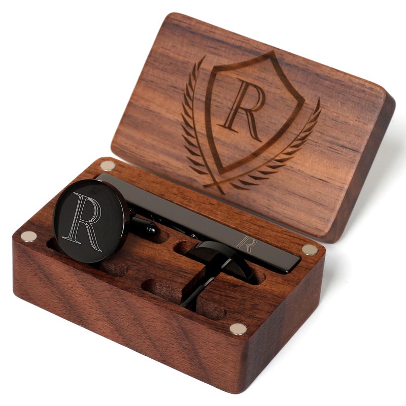 Prophet Clue PC Mens Initial Cufflinks and Tie Clip A-Z Alphabet Letter Black Stainless Cuff Links Tie Bar with Engraved Walnut Wood Box Groom Groomsman Wedding Set (R) - Image 1