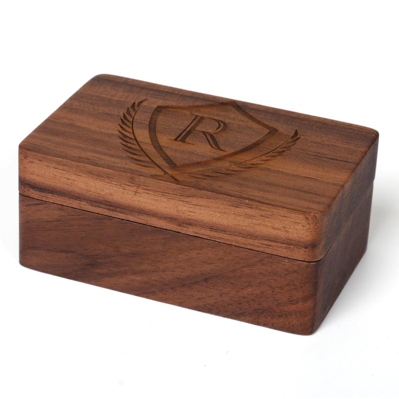Prophet Clue PC Mens Initial Cufflinks and Tie Clip A-Z Alphabet Letter Black Stainless Cuff Links Tie Bar with Engraved Walnut Wood Box Groom Groomsman Wedding Set (R) - Image 5