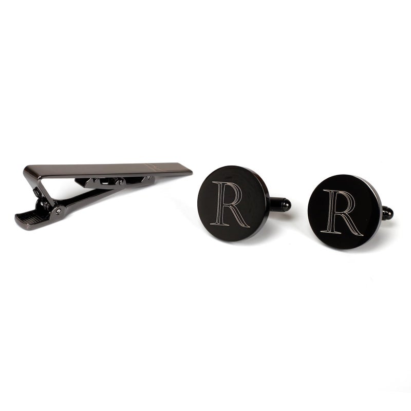 Prophet Clue PC Mens Initial Cufflinks and Tie Clip A-Z Alphabet Letter Black Stainless Cuff Links Tie Bar with Engraved Walnut Wood Box Groom Groomsman Wedding Set (R) - Image 2