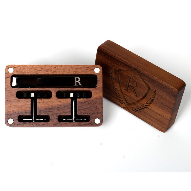 Prophet Clue PC Mens Initial Cufflinks and Tie Clip A-Z Alphabet Letter Black Stainless Cuff Links Tie Bar with Engraved Walnut Wood Box Groom Groomsman Wedding Set (R) - Image 3