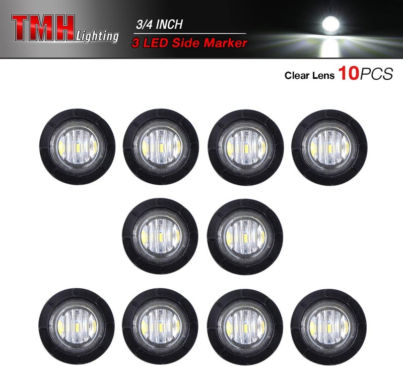 TMH 10 Pcs 3/4 Inch White Side Marker Indicator Lights Mini Round Front Rear with Rubber 3 LED for Trailer Truck Lorry Car 3 LED 12V DC - Image 2