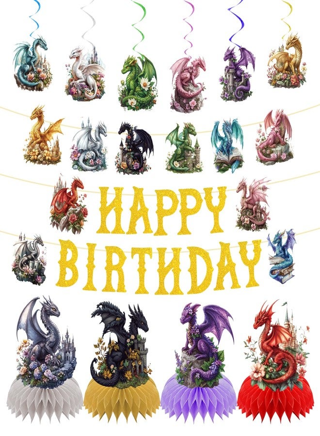 TAKEALOOKO Dragon Birthday Party Decorations - Watercolor Dragon Banner with Hanging Swirls, Fantasy Dragons Themed Wall Door Window Ceiling for kids Boys Children's Parties Decor Baby Shower Supplies - Image 1