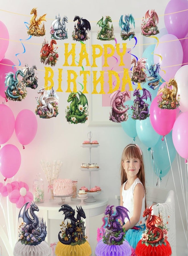 TAKEALOOKO Dragon Birthday Party Decorations - Watercolor Dragon Banner with Hanging Swirls, Fantasy Dragons Themed Wall Door Window Ceiling for kids Boys Children's Parties Decor Baby Shower Supplies - Image 2