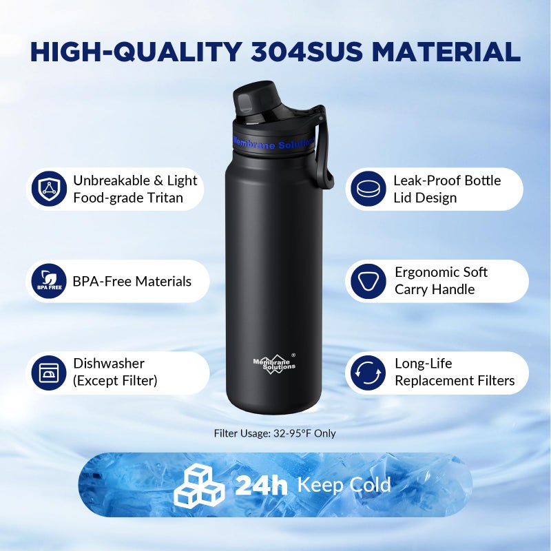 Membrane Solutions C3 Filtered Water Bottle, 32oz Stainless Steel Water Bottle with Replaceable ACF+UF Filter Cartridge, Portable Water Filter, Travel, Hiking & Camping for Drinking Water(Black) - Image 4