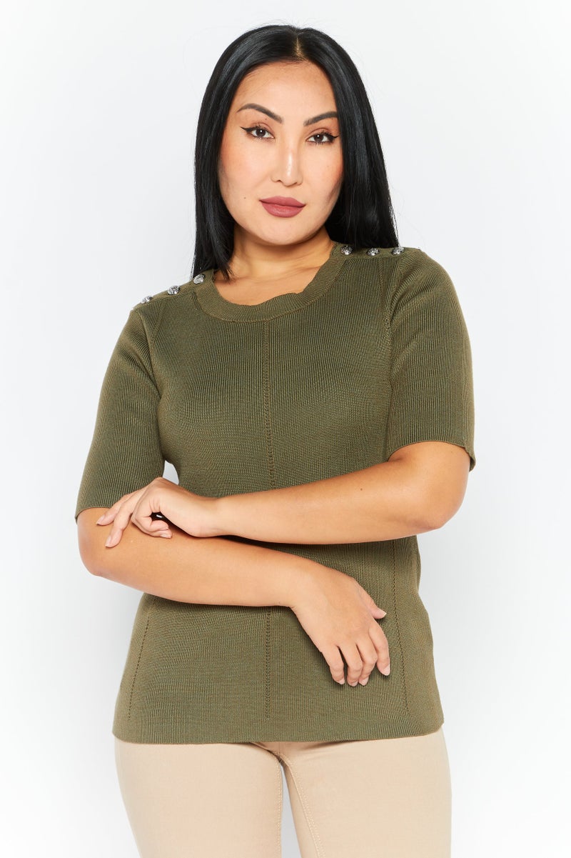 CARMEN MARC VALVO Women Crew Neck Short Sleeves Textured Top, Olive - Image 1