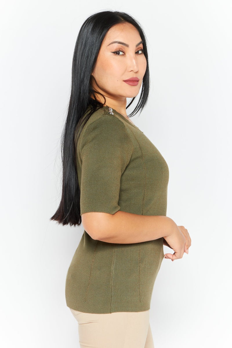 CARMEN MARC VALVO Women Crew Neck Short Sleeves Textured Top, Olive - Image 3