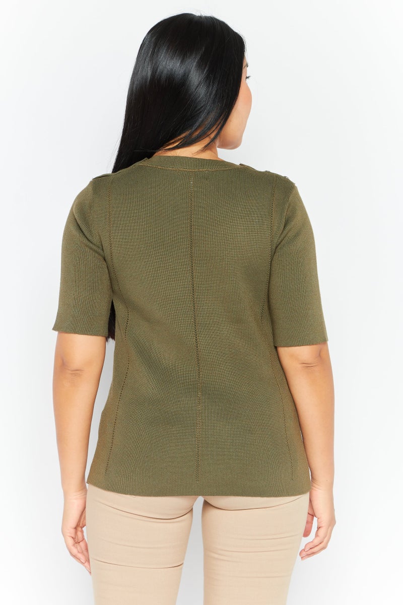 CARMEN MARC VALVO Women Crew Neck Short Sleeves Textured Top, Olive - Image 2