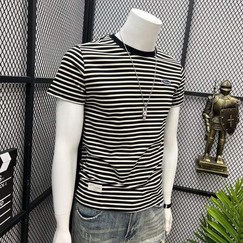 Handsome Top Trendy Green Striped Short-sleeved Men's Slim-fit 2024 Summer New Arrival Half-sleeved T-shirt Trendy Brand T-shirt Round Neck - Image 4
