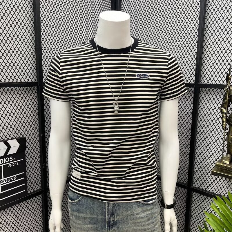 Handsome Top Trendy Green Striped Short-sleeved Men's Slim-fit 2024 Summer New Arrival Half-sleeved T-shirt Trendy Brand T-shirt Round Neck - Image 1