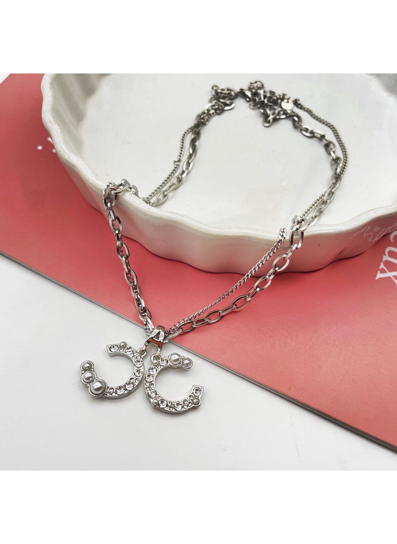 Generic - High-end sense letter titanium steel necklace female couple double-layer non-fading exquisite Joker Pearl sweater chain jewelry wholesale F083 double C Pearl - Image 1
