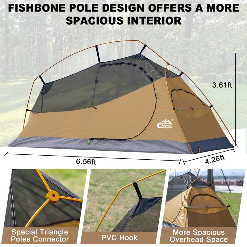 camppal 1 Person Backpacking Tent Waterproof Windproof Single Person Tent Lighweight Compact One Person Tent Easy Setup for Camping, Hiking, Mountaineering, Cycling, Biking - Khaki - Image 2