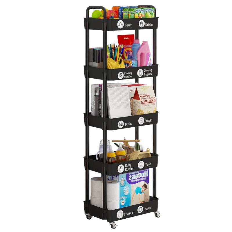 Laiensia Multifunction Utility Rolling Cart, 5-Tier Plastic & Metal Storage Organizer, Black, Lockable Wheels, Modern Style, Indoor Use - Image 3