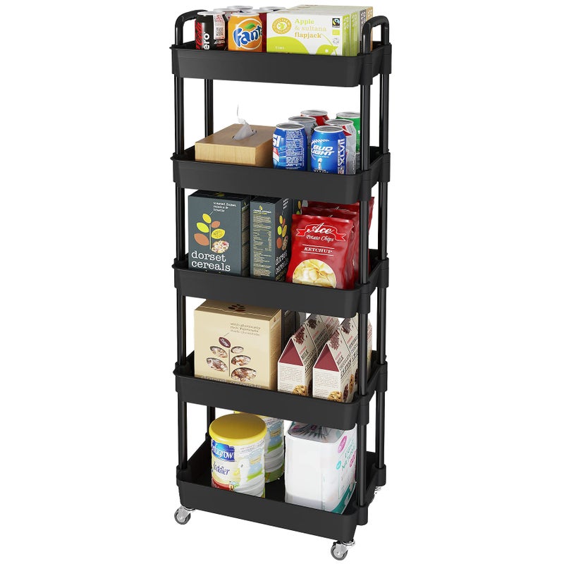 Laiensia Multifunction Utility Rolling Cart, 5-Tier Plastic & Metal Storage Organizer, Black, Lockable Wheels, Modern Style, Indoor Use - Image 1