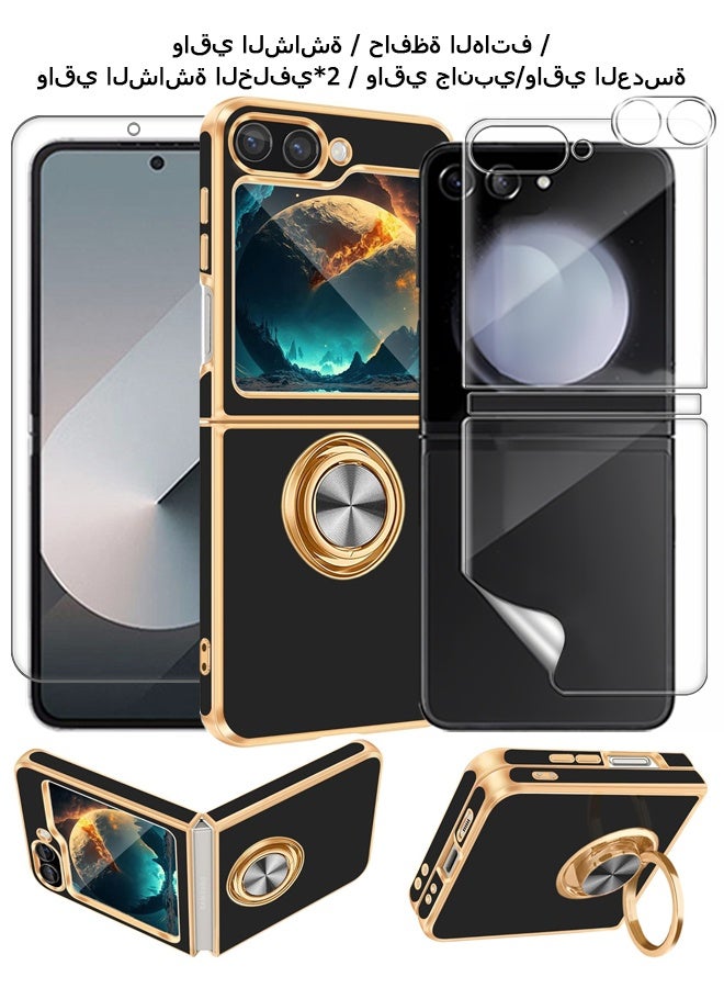 Wffo 8-in-1 - For Samsung Galaxy Z Flip 6 Case [with 360° Rotatable Ring Holder][Support Magnetic Car Mount] - Screen Protector / Camera Lens Protector / Screen Protector on the Back / Side Protector - TPU Drop Protection - Full Body Protection Shock Case - Black - Image 1