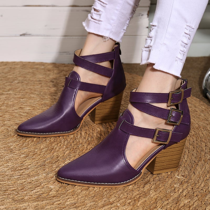 High Heel Thick Heel Pointed Retro Belt Buckle Roman Cool Boots Women'S Leather Boots Single Boots Plus Size - Image 1
