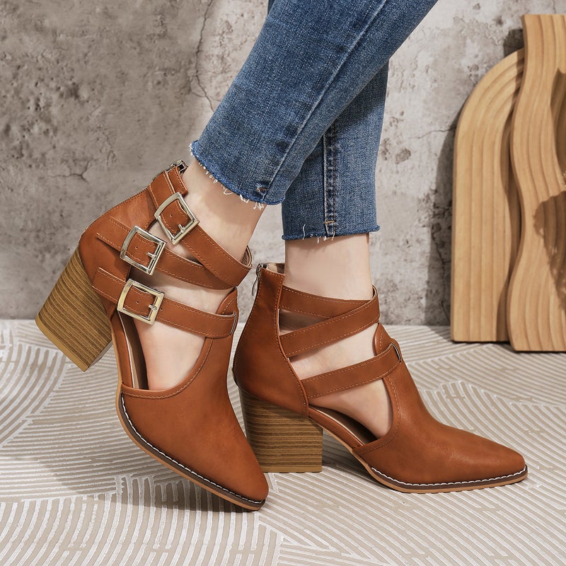 High Heel Thick Heel Pointed Retro Belt Buckle Roman Cool Boots Women'S Leather Boots Single Boots Plus Size - Image 3
