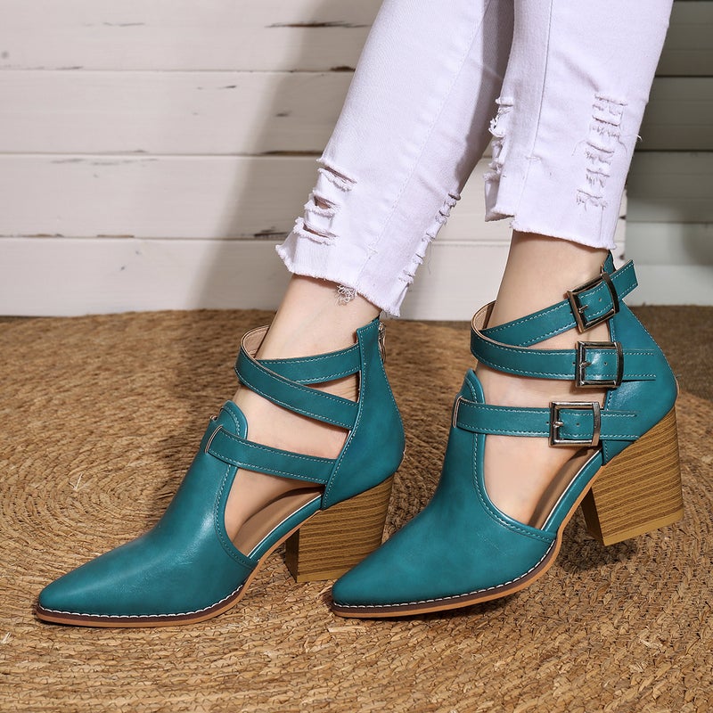High Heel Thick Heel Pointed Retro Belt Buckle Roman Cool Boots Women'S Leather Boots Single Boots Plus Size - Image 4
