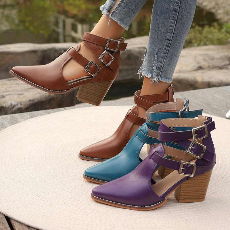 High Heel Thick Heel Pointed Retro Belt Buckle Roman Cool Boots Women'S Leather Boots Single Boots Plus Size - Image 2