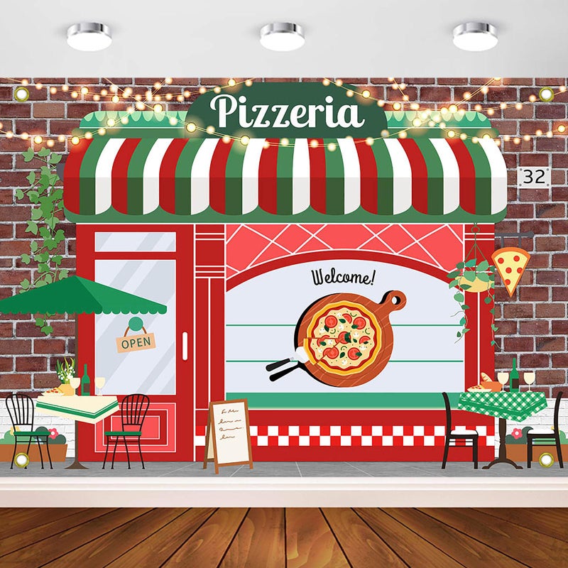 Avezano Pizza Shop Backdrop Pizza Party Food Newborn Baby Birthday Party Decorations Boys Girls Cooking Theme Vintage Pizzeria Shop Birthday Baby Shower Newborn Party Background (7x5ft) - Image 1