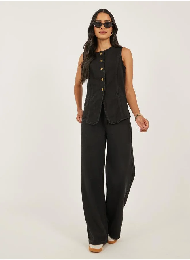 ستايلي Buttoned Denim Waistcoat with Pockets