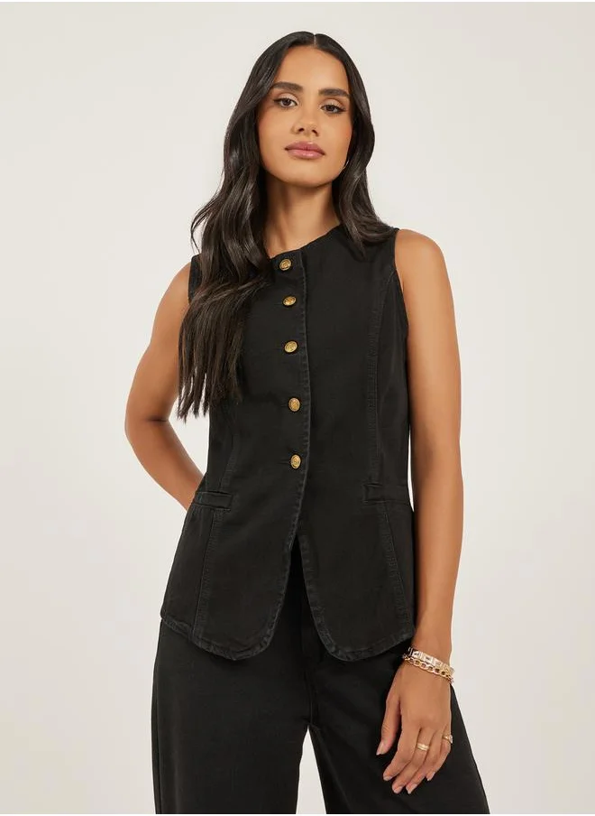 ستايلي Buttoned Denim Waistcoat with Pockets