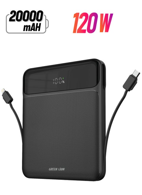120W Ultra-Thin 20000mAh Power Bank / Support Laptop Charging / Always on Display / USB-A/Lightning/Type-C Outputs / Integrated Cable / Fast Charging - Black