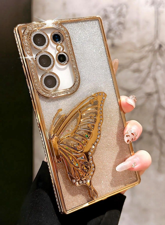 for Samsung S25 Ultra Case，Full Camera Lens Protector，Sparkly Butterfly，Diamond Edge，Glitter Bling Gradient Samsung S25 Ultra Cover，Elegant Shockproof Phone Case for Women Girls，Gold - Image 1