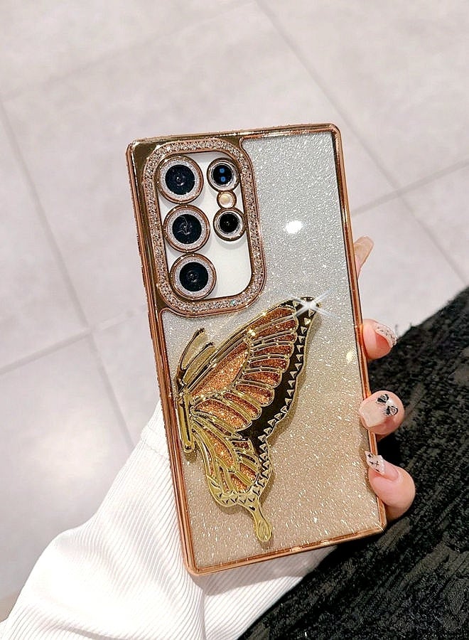 for Samsung S25 Ultra Case，Full Camera Lens Protector，Sparkly Butterfly，Diamond Edge，Glitter Bling Gradient Samsung S25 Ultra Cover，Elegant Shockproof Phone Case for Women Girls，Gold - Image 2