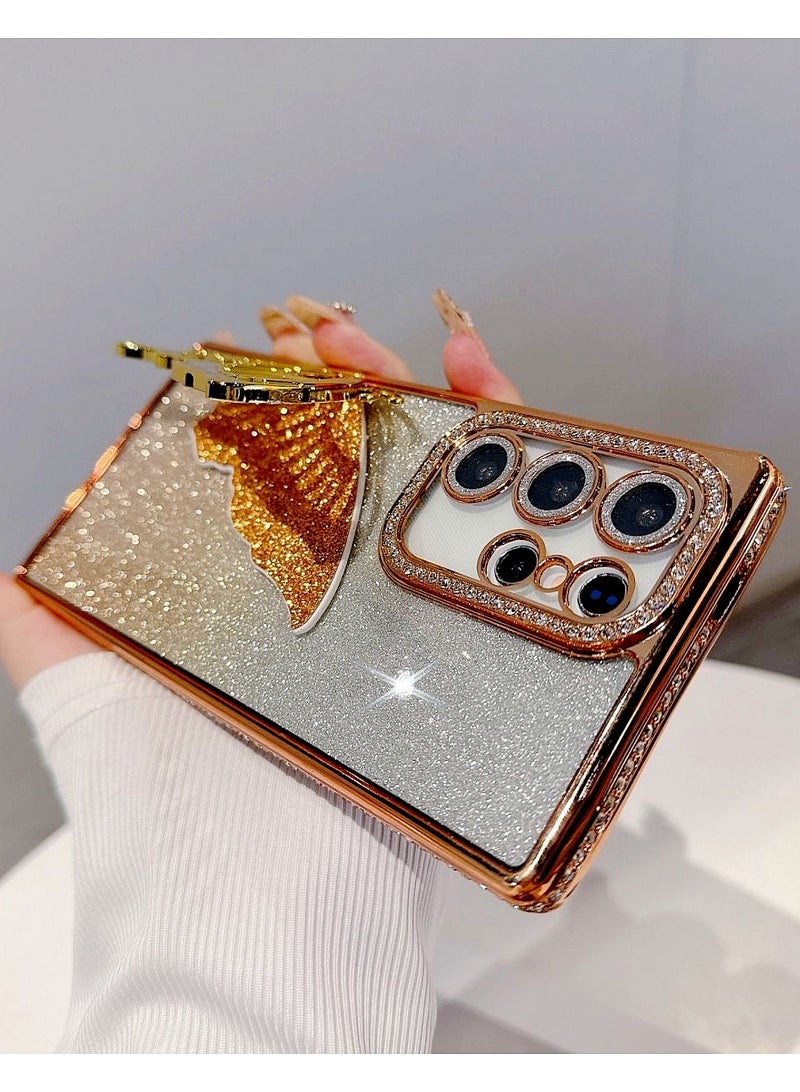 for Samsung S25 Ultra Case，Full Camera Lens Protector，Sparkly Butterfly，Diamond Edge，Glitter Bling Gradient Samsung S25 Ultra Cover，Elegant Shockproof Phone Case for Women Girls，Gold - Image 3