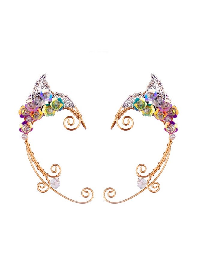 OwMell Elf Ear Cuffs Owmell Handcraft Copper Filigree Pointed Fairy Elven Cosplay Fantasy Costume Bridal Wedding Earrings For Non Pierced Ears Copper With Colorful Flowers - Image 1