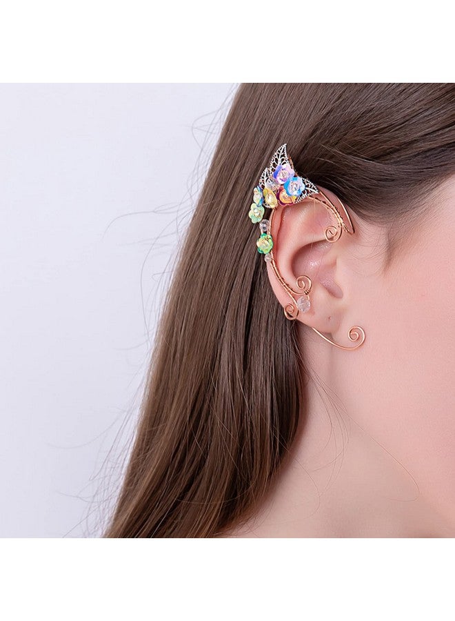 OwMell Elf Ear Cuffs Owmell Handcraft Copper Filigree Pointed Fairy Elven Cosplay Fantasy Costume Bridal Wedding Earrings For Non Pierced Ears Copper With Colorful Flowers - Image 3