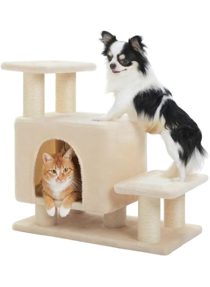 Cat Tower, Mini Cat Tower, Pet Stair Step, Low, Cat Claw Sharpening, Stylish, Slim, Cute, Bed, Kittens, Senior Cats, Stationary, Space-Saving, Easy to Assemble, Stable-Beige