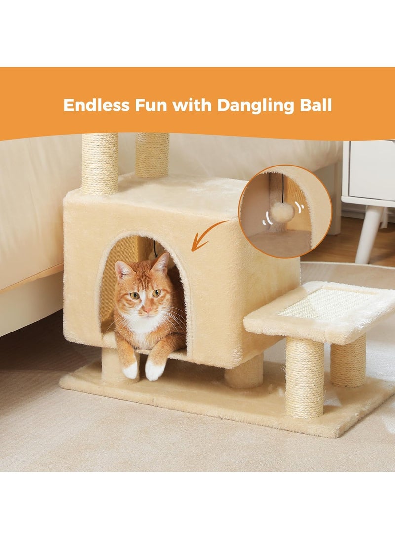 Cat Tower, Mini Cat Tower, Pet Stair Step, Low, Cat Claw Sharpening, Stylish, Slim, Cute, Bed, Kittens, Senior Cats, Stationary, Space-Saving, Easy to Assemble, Stable-Beige