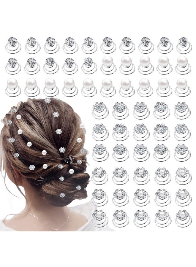 LAPOHI 60 Pcs 4 Shapes Gems Rhinestone Twister Hair Studs Set Diamond Spiral Pearl Flower Jewels Hair Pins Sticks For Wedding Bridal Prom Party And Special Occasion Pearl - Image 1