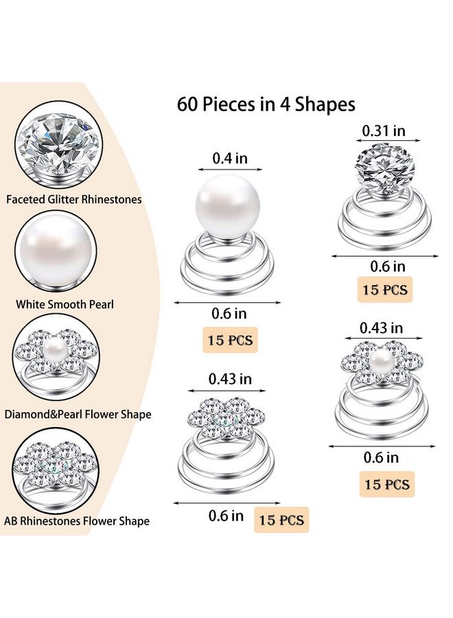 LAPOHI 60 Pcs 4 Shapes Gems Rhinestone Twister Hair Studs Set Diamond Spiral Pearl Flower Jewels Hair Pins Sticks For Wedding Bridal Prom Party And Special Occasion Pearl - Image 2