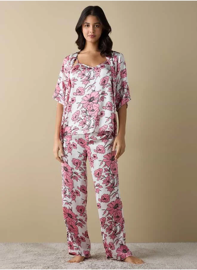 فاف All-Over Floral Print Top with Robe and Pyjamas