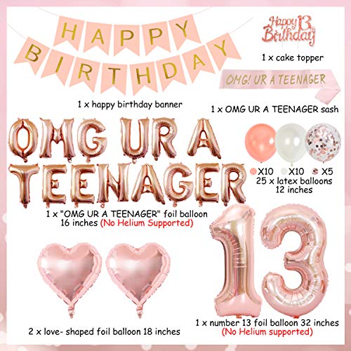 Funmemoir Teenager Birthday Party Decoration 13th Birthday Party Decorations for Girls with Rose Gold 13th Teenager Balloons Banner Sash Tinsel Cake Topper - Image 5